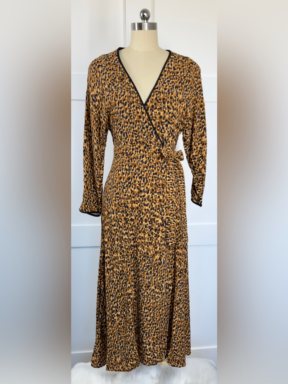 Zara Mustard and Black Leopard-Print Wrap Midi Dress